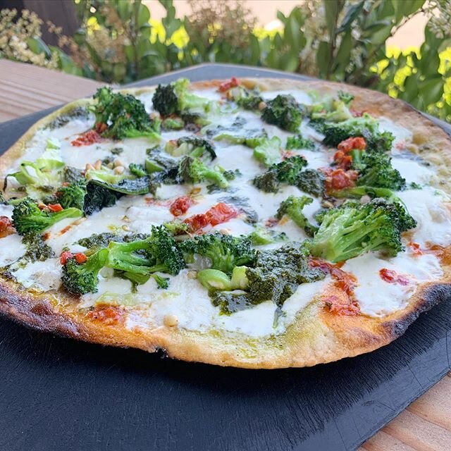 Our newest pizza addition, “The Broccoli Pesto�? with ricotta, Calabrian chili & pine nuts 🙌!
